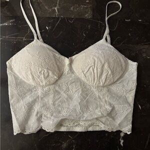 White Lace Crop Top with Spaghetti Straps and Longline Design